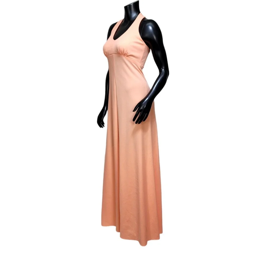Vintage 70s Peach Maxi Halter Dress w/ Matching Ruffle Sleeve Crop Bolero Jacket